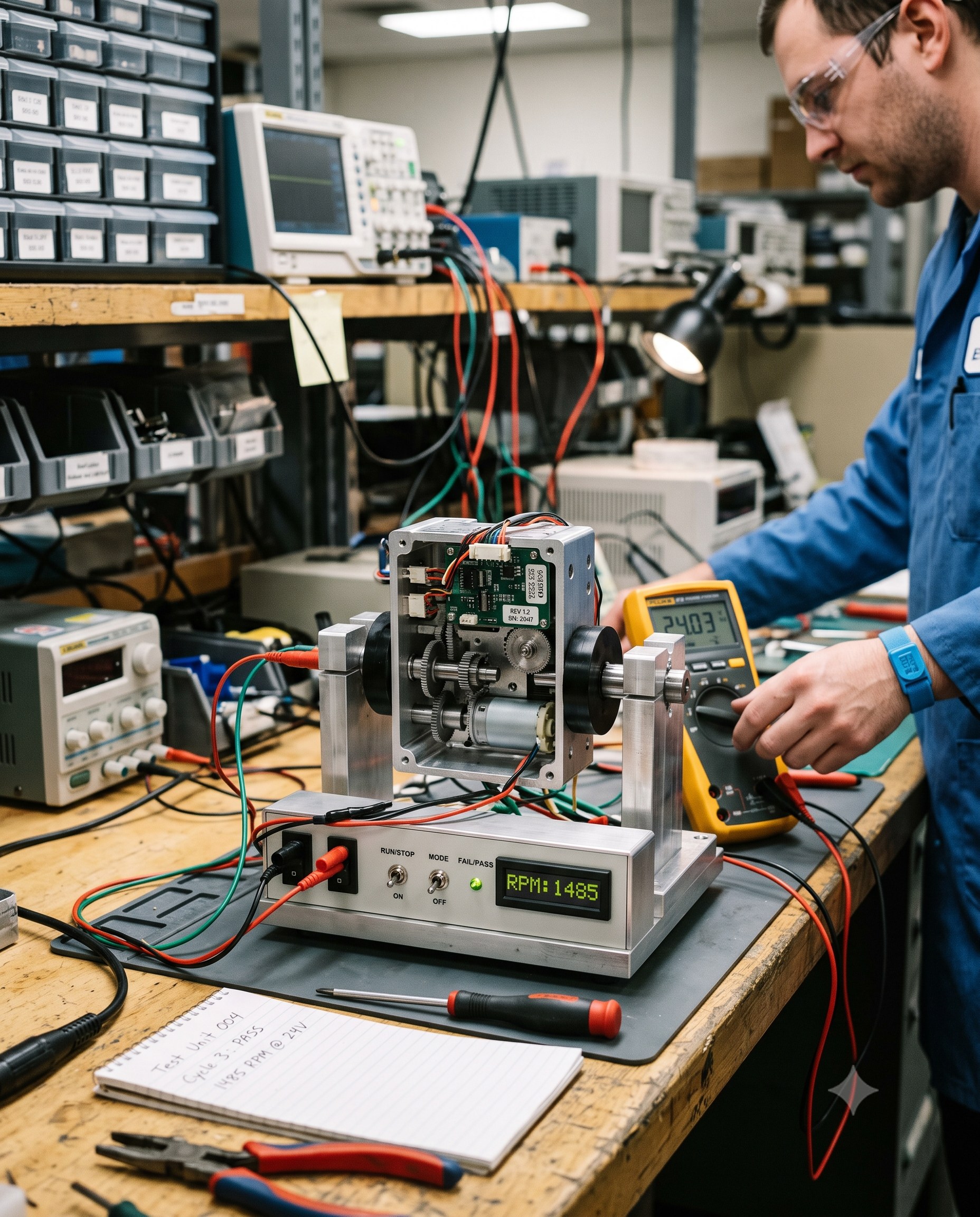 A finished assembly undergoing functional testing on a workbench test fixture