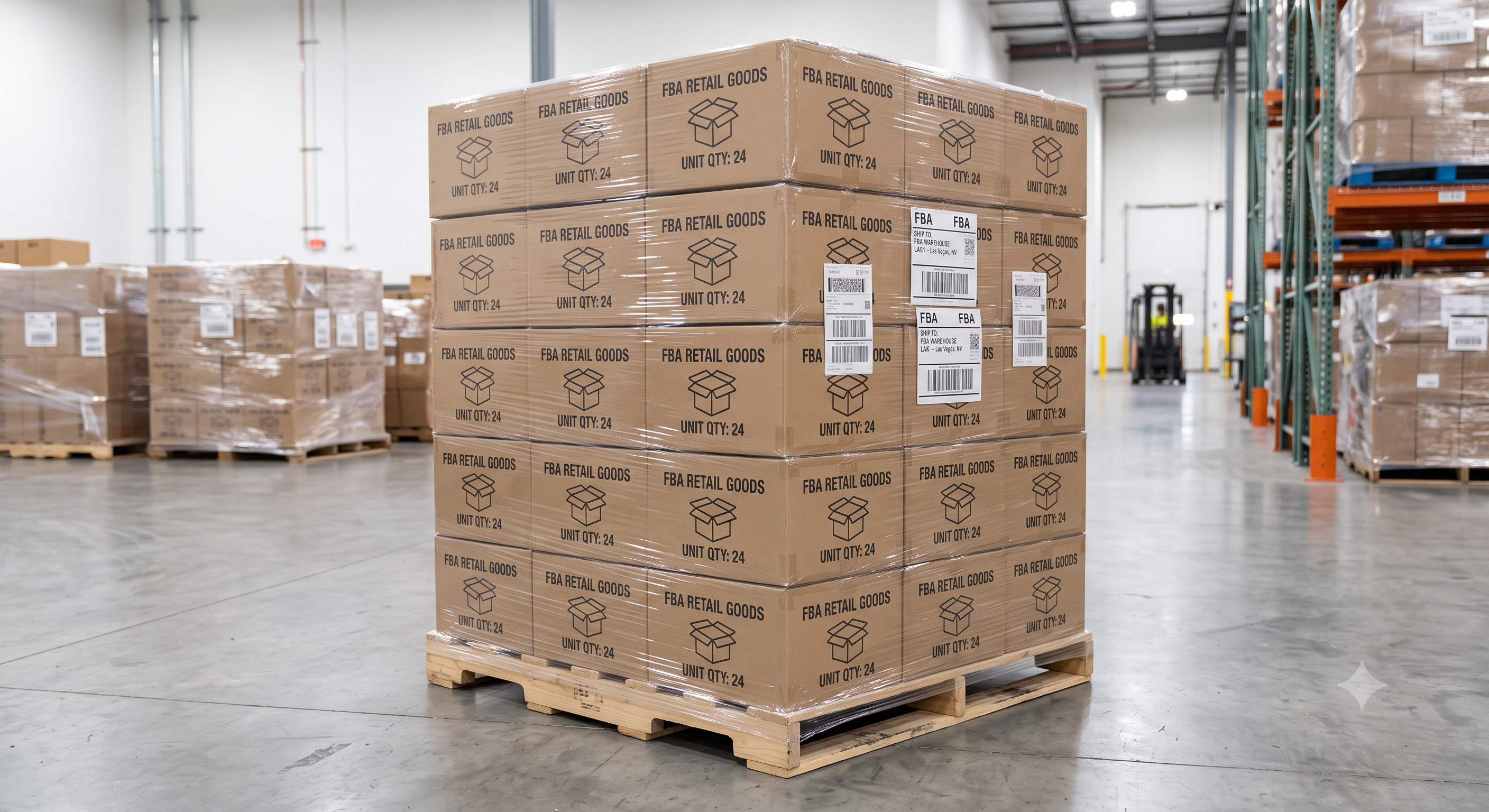 Pallet of shrink-wrapped branded retail boxes, labelled and ready for Amazon FBA