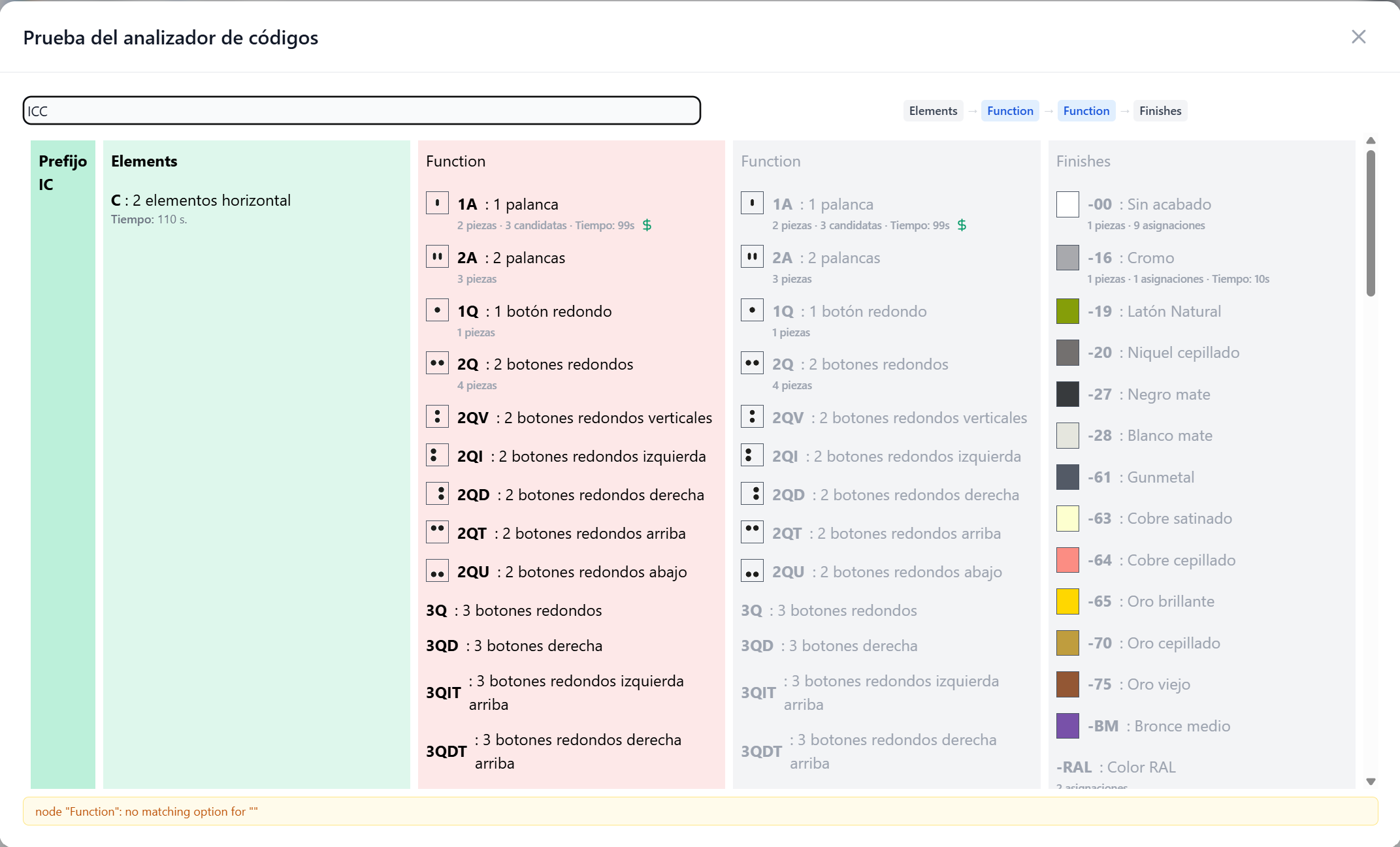 OperGo code analyzer resolving a product code into its path: prefix → elements → function → finish.