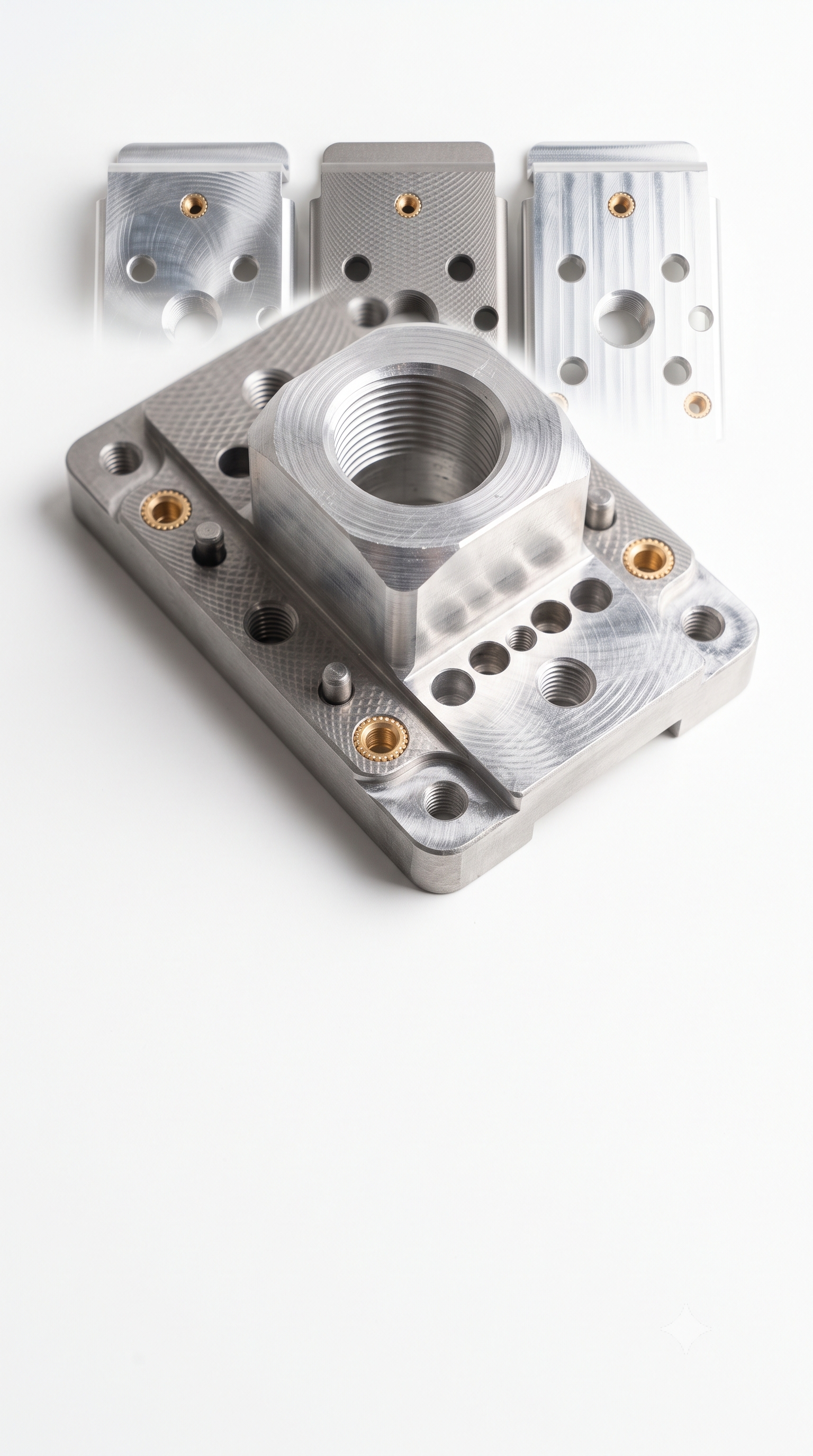 One CNC-machined aluminum part shown in several surface finishes, each an orderable variant