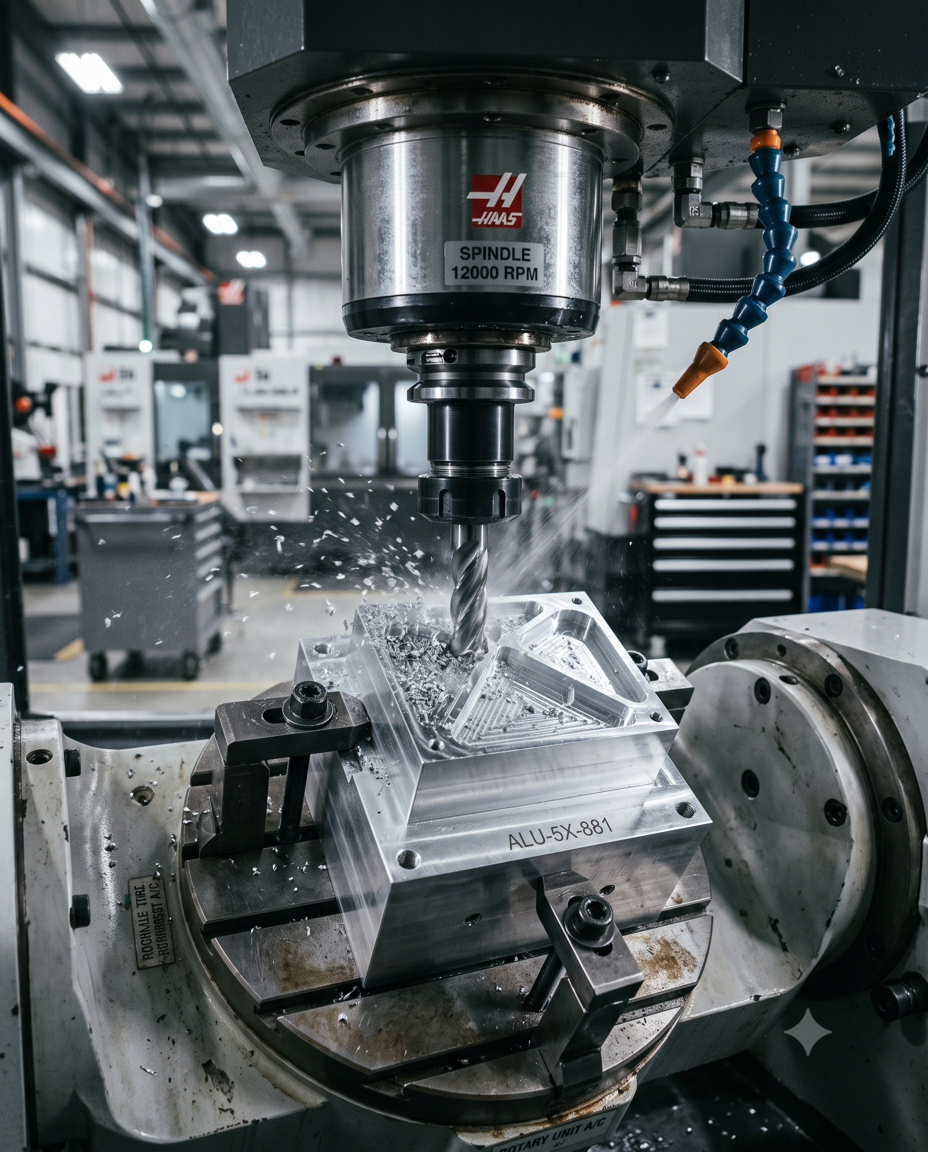 Billet aluminum part being CNC-machined