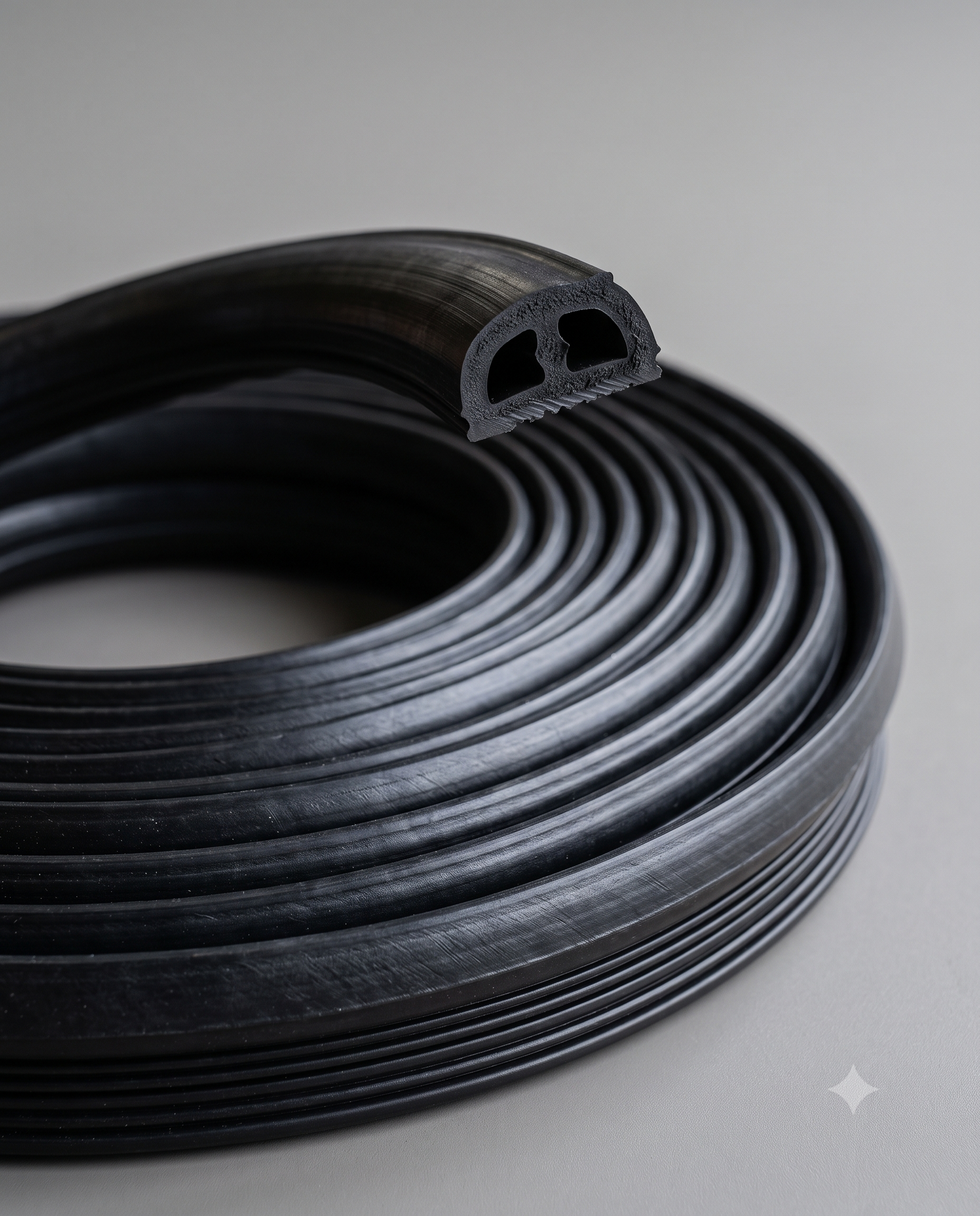 Extruded rubber gasket profile showing a constant cross-section at the cut end