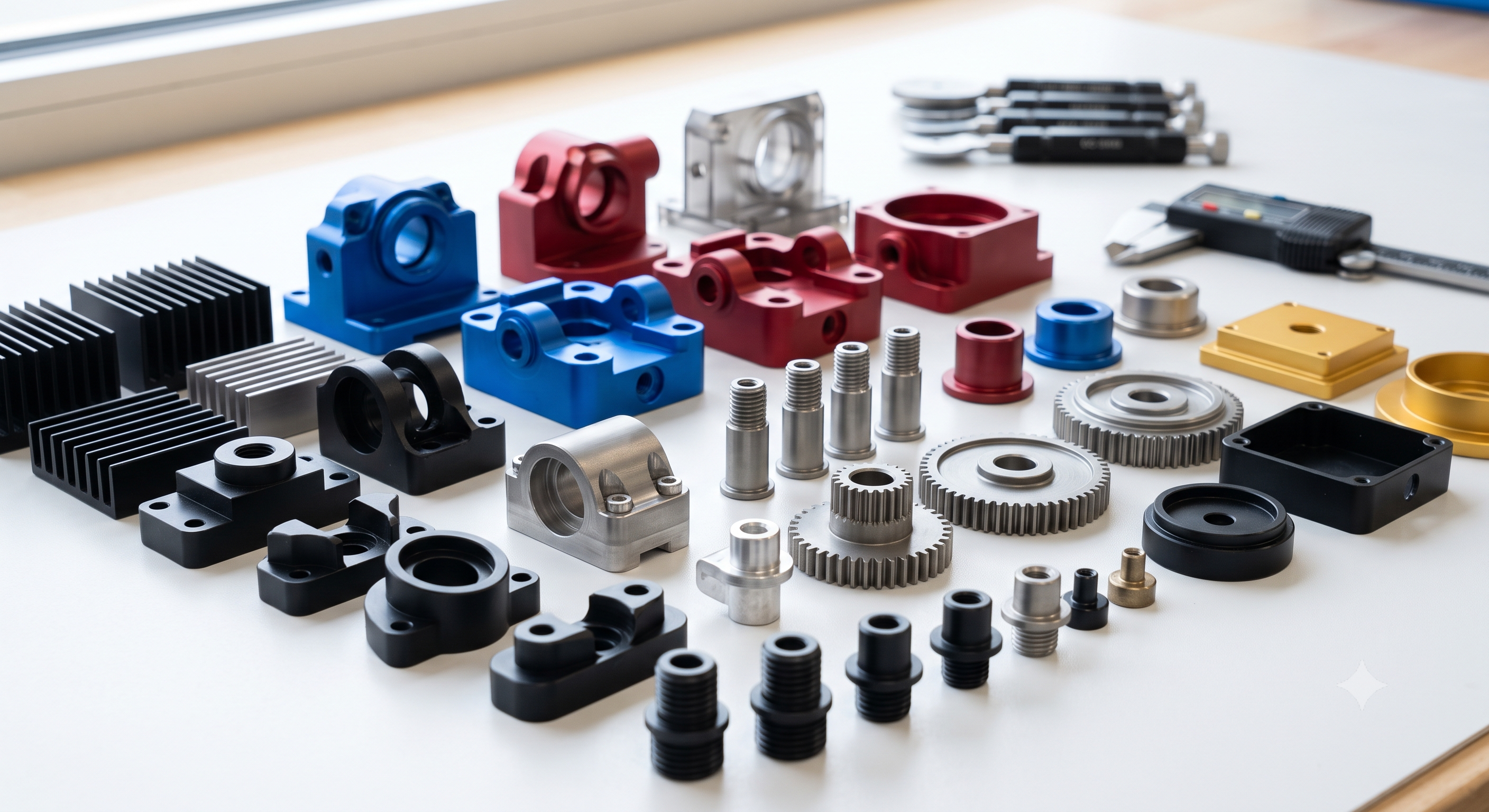 Anodized aluminum parts in several colors, showing a consistent finish