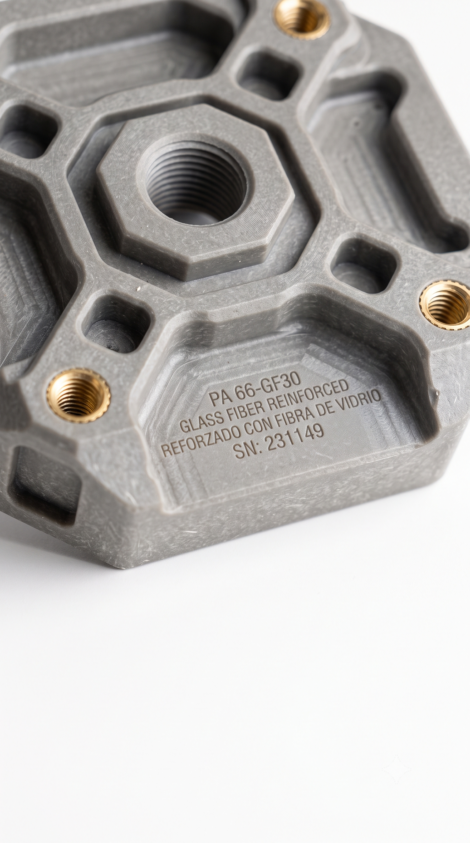 Injection-molded part engraved with PA66-GF30 material grade and serial number