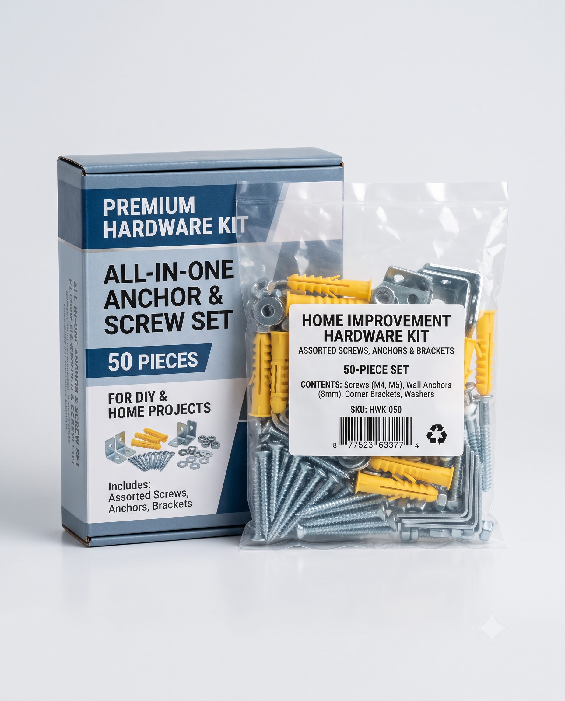 Kitted hardware parts packed together in a labeled poly bag next to their retail box