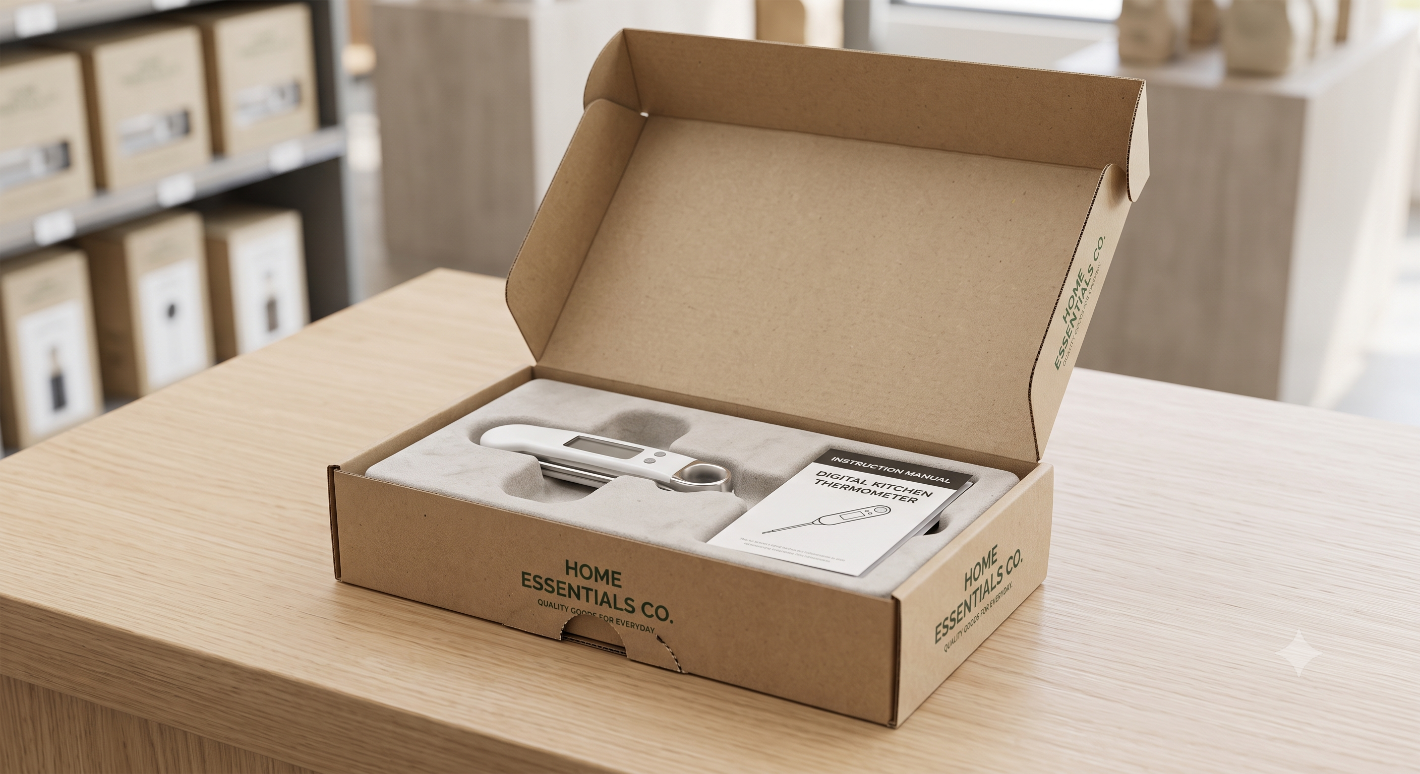Opened private-label retail box with a product held in a custom insert alongside its instruction manual