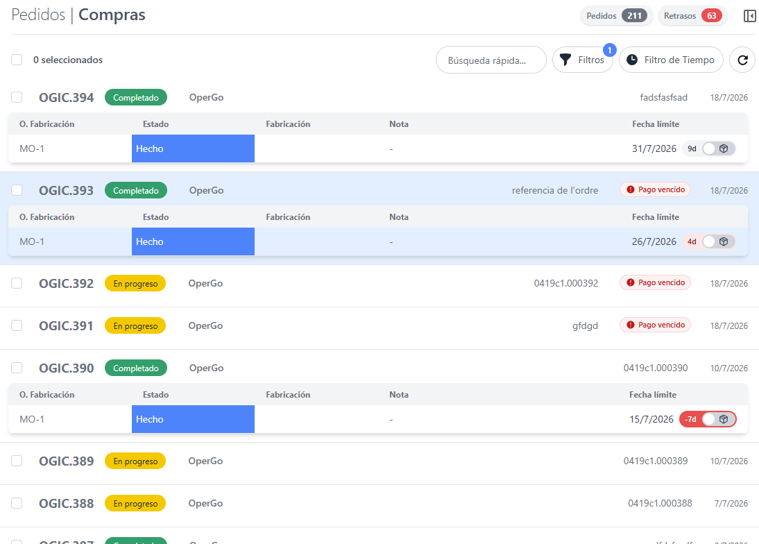 The OperGo orders view: production orders in one list, each with its status, linked manufacturing orders, state and deadline — orders and purchases tracked together.