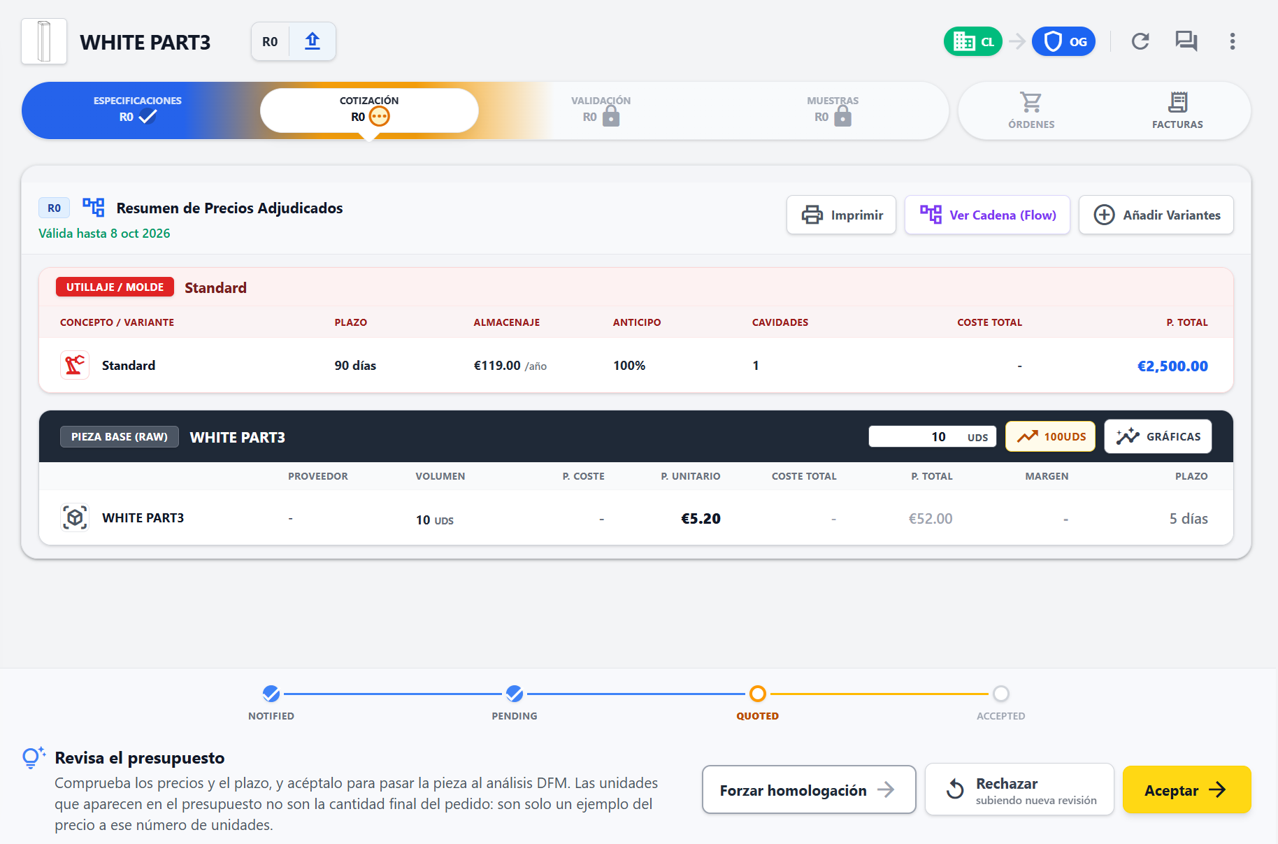 The quotation tab: a part priced line by line — the tooling with its lead time, storage and cavities, the base part priced per volume with unit price, total and lead time — and the review bar to accept the quote and move the part to DFM.