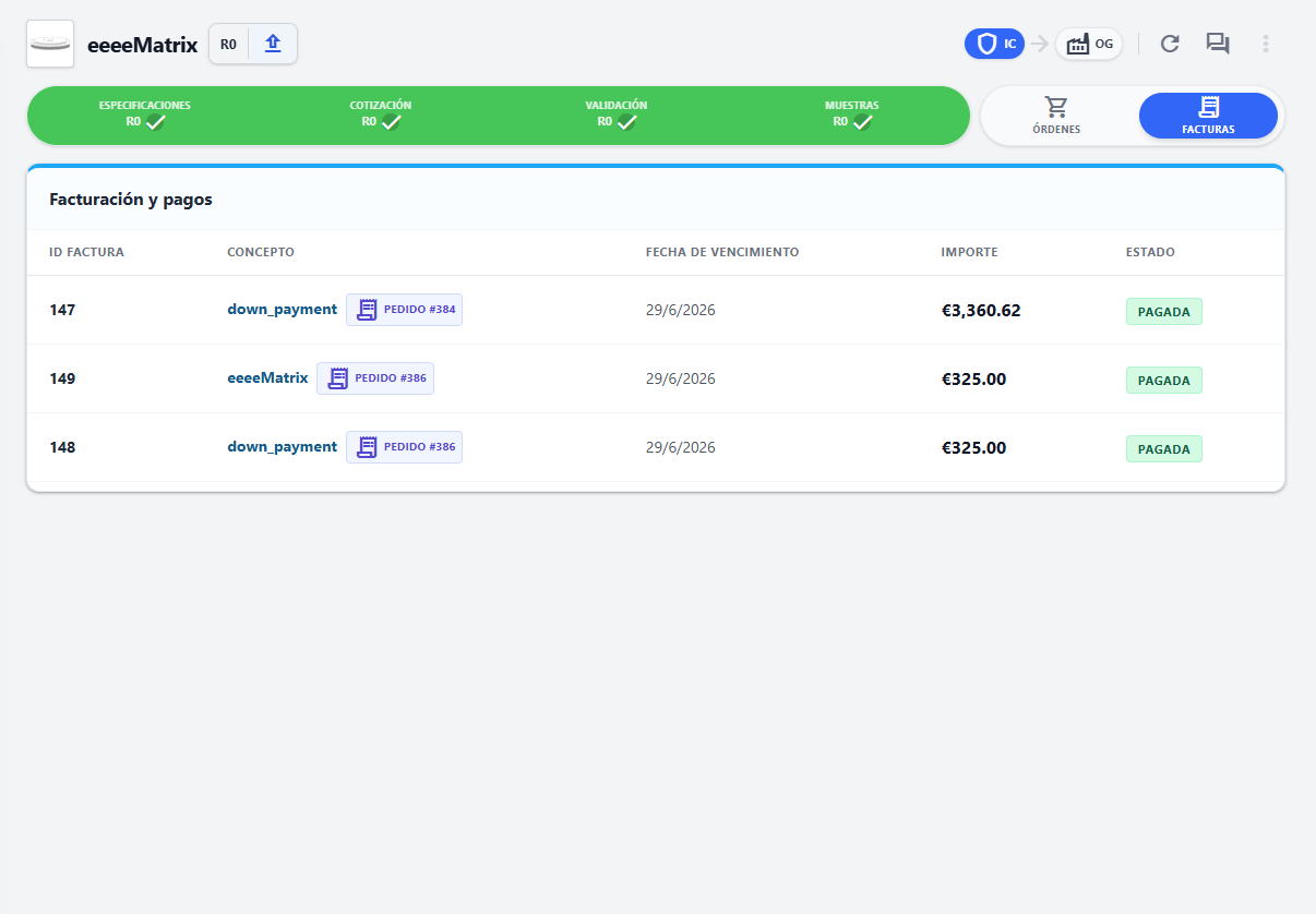 The invoices tab: invoicing and payments tied back to each order — down payments and balances with their due date, amount and paid status.