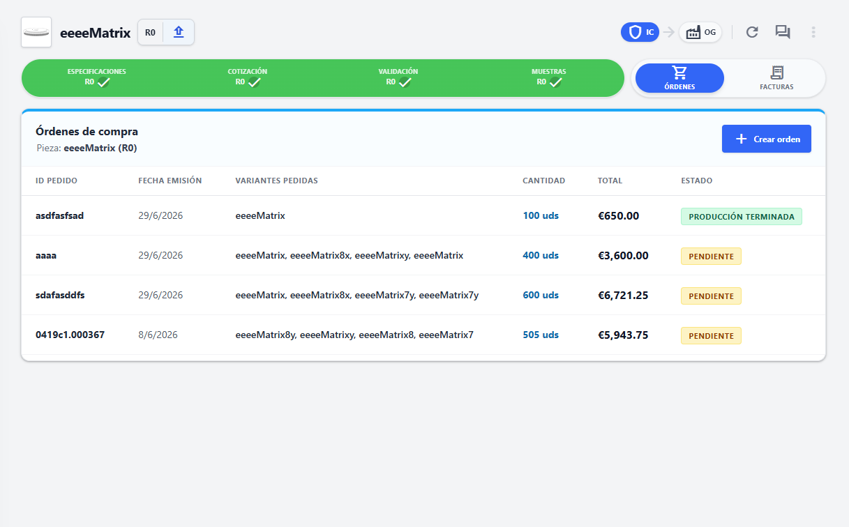 The orders tab, unlocked once every earlier stage is checked green: purchase orders for the part and its variants — quantities, totals and status from pending to production finished.
