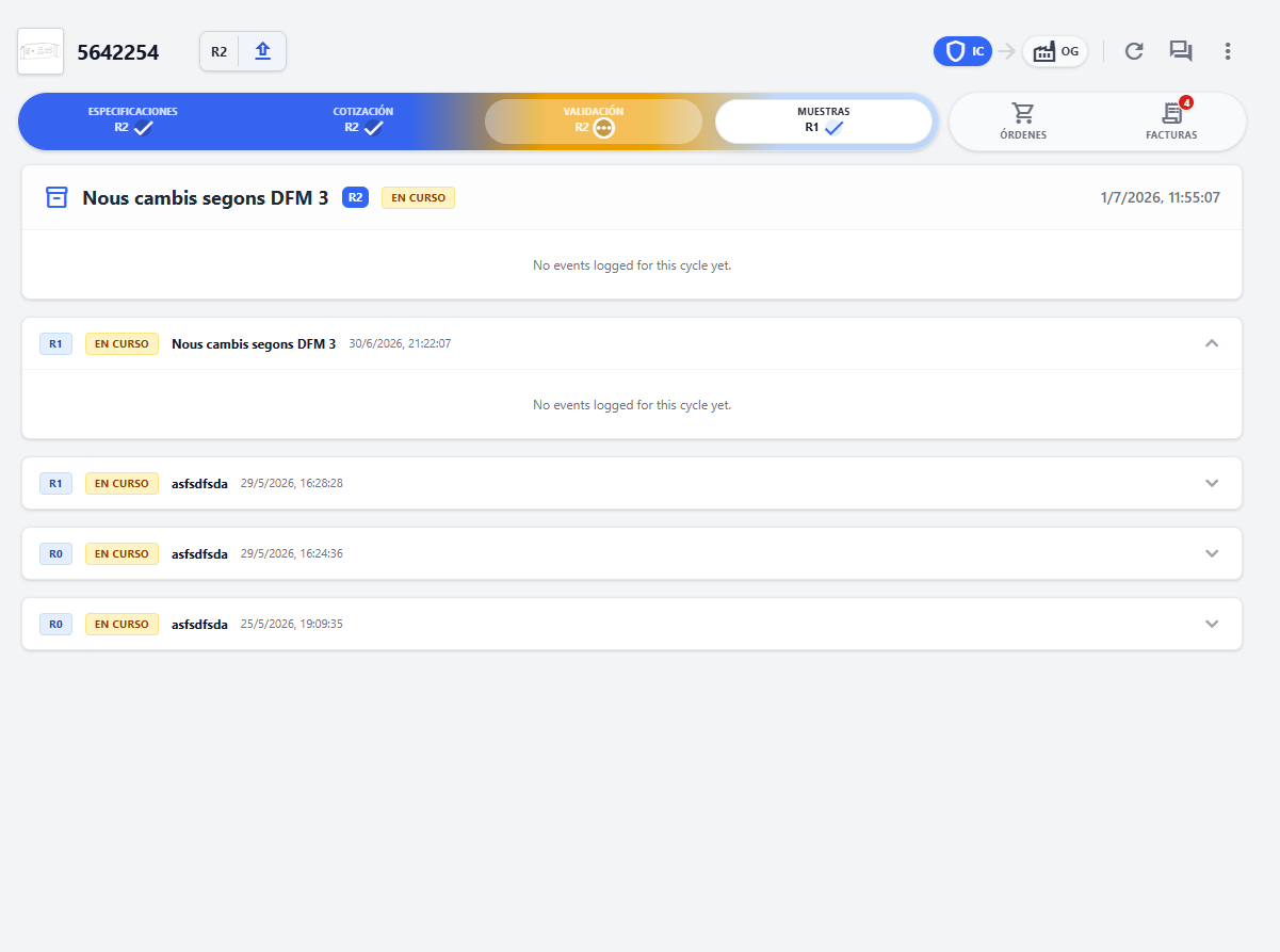 The samples tab: first-article cycles logged per revision — each round tracked until the sample is approved as the reference production is held to.