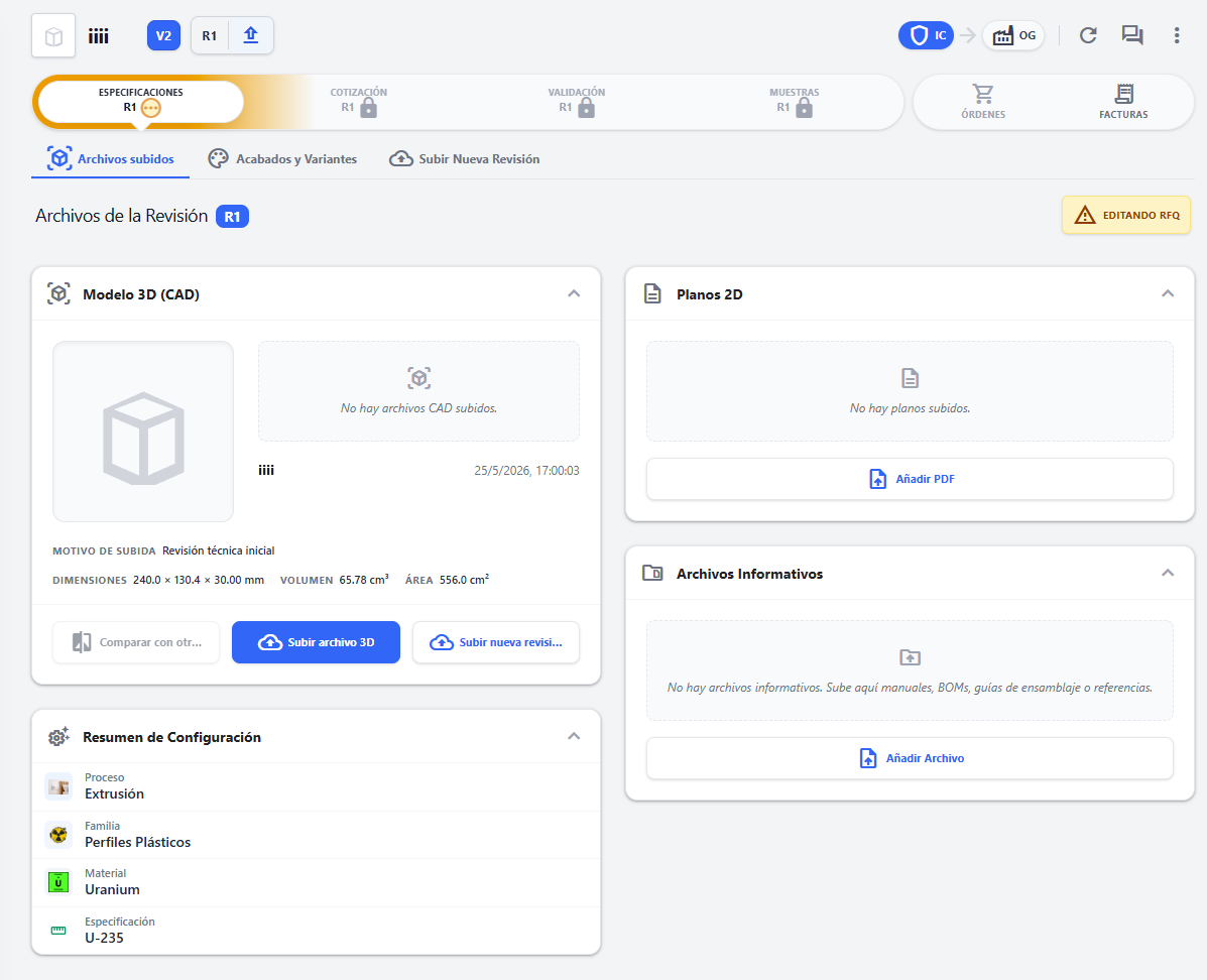 The specifications tab of a part's record in the OperGo platform: 3D model and 2D drawing slots for the current revision, dimensions and volume read from the CAD, and the configuration summary — process, family, material and specification — pinned to the part.
