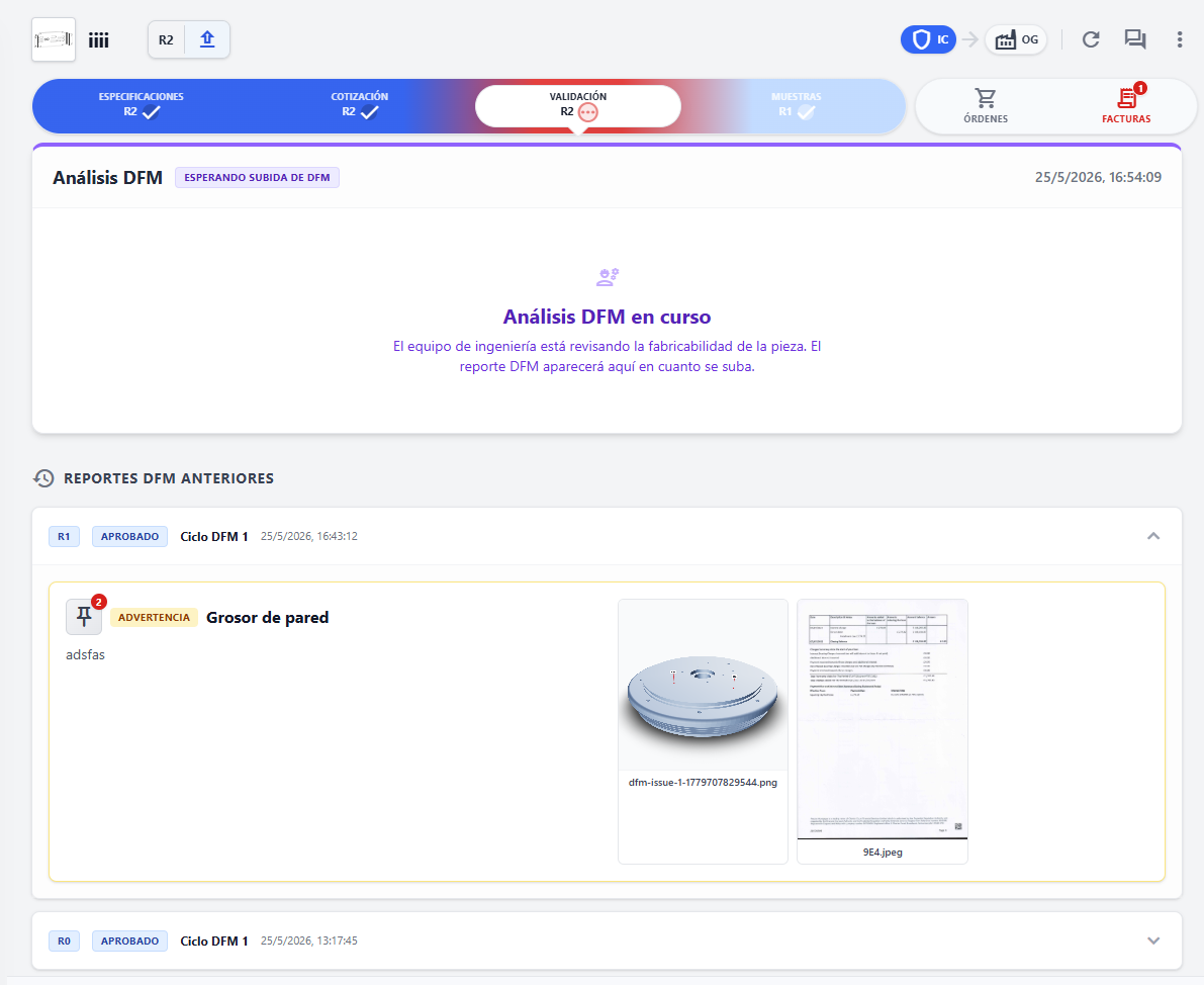The validation tab: a DFM analysis in progress on the current revision, with earlier approved DFM cycles underneath — a wall-thickness warning pinned to the part render and its drawing.