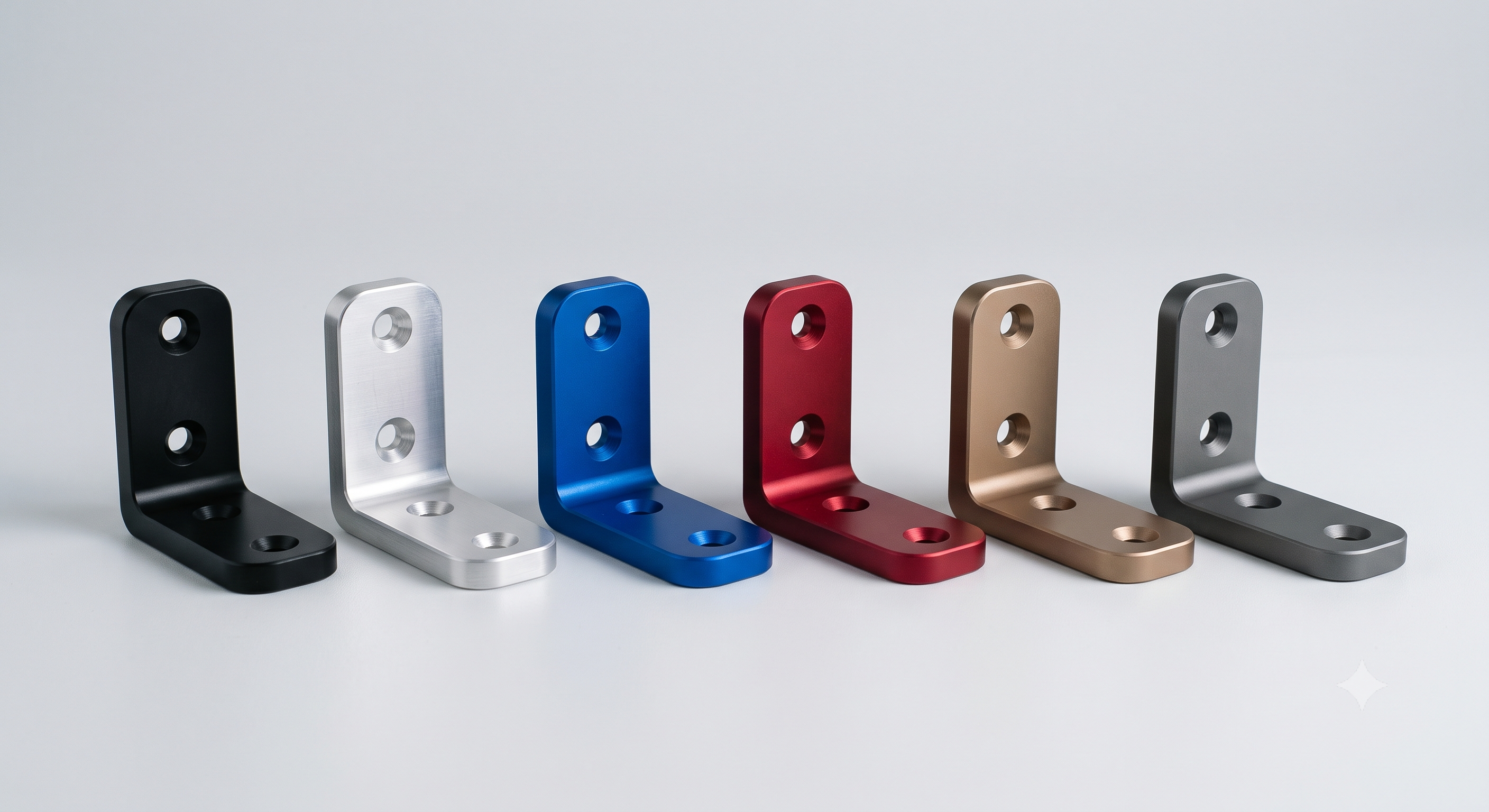 The same machined aluminum bracket produced in six anodized colorways
