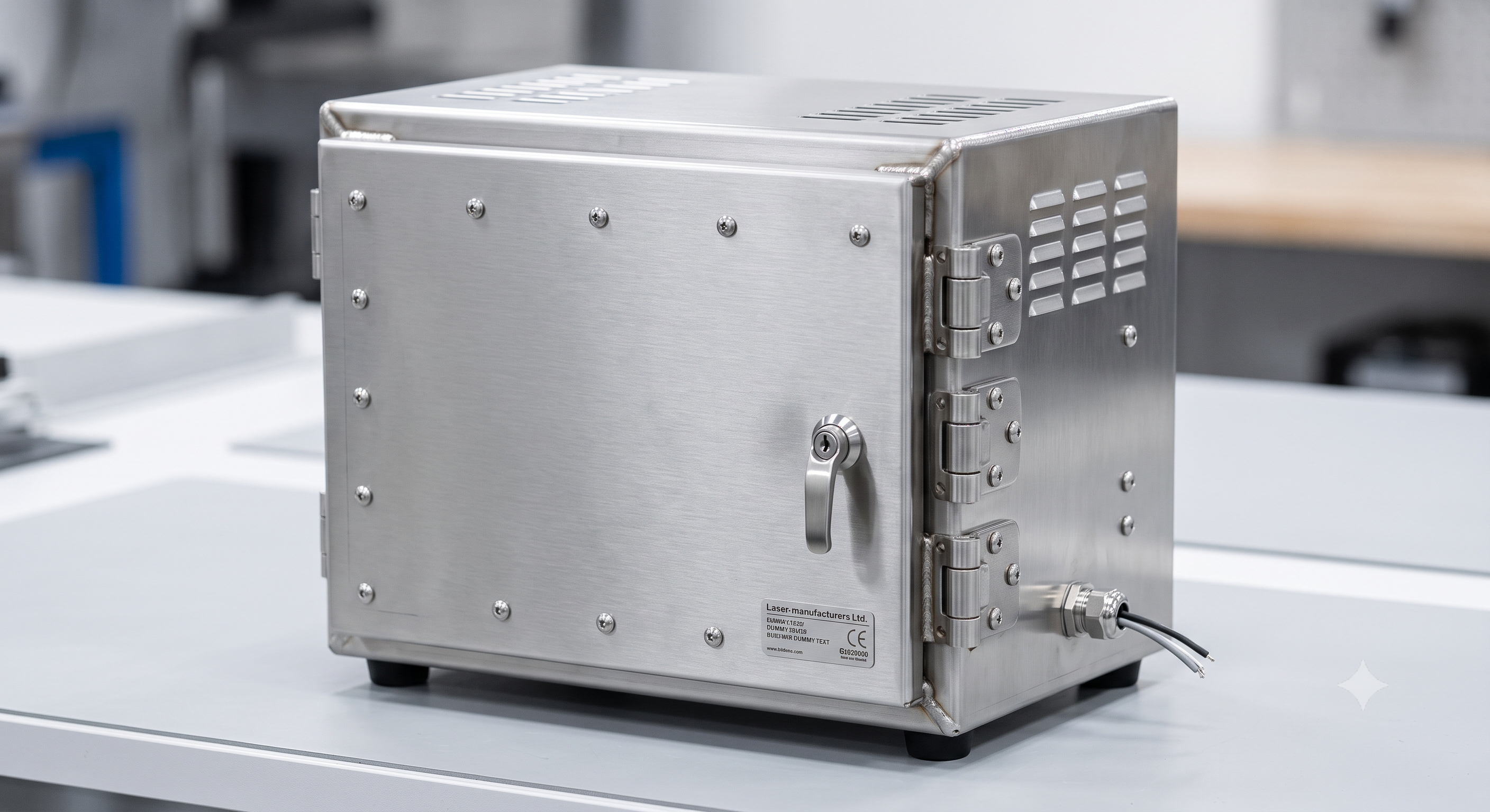 Welded stainless steel sheet metal enclosure with installed hardware