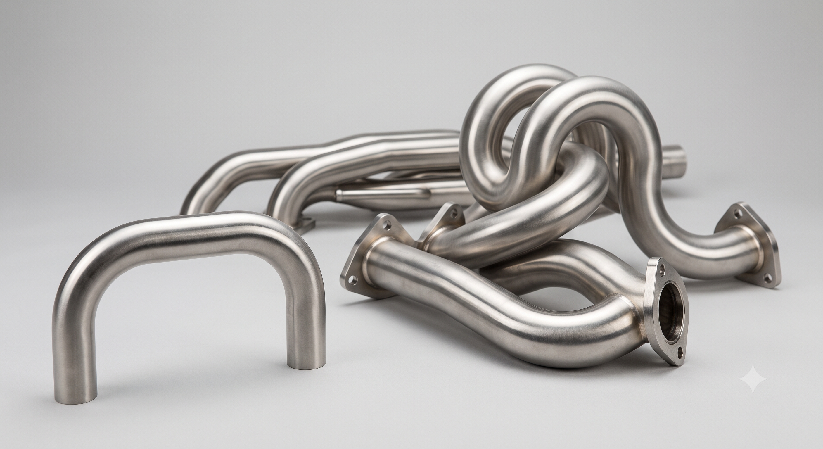 Several brushed stainless steel tubes CNC-bent to consistent radii, including a U-bend and flanged headers, formed as continuous pieces with no welded joints