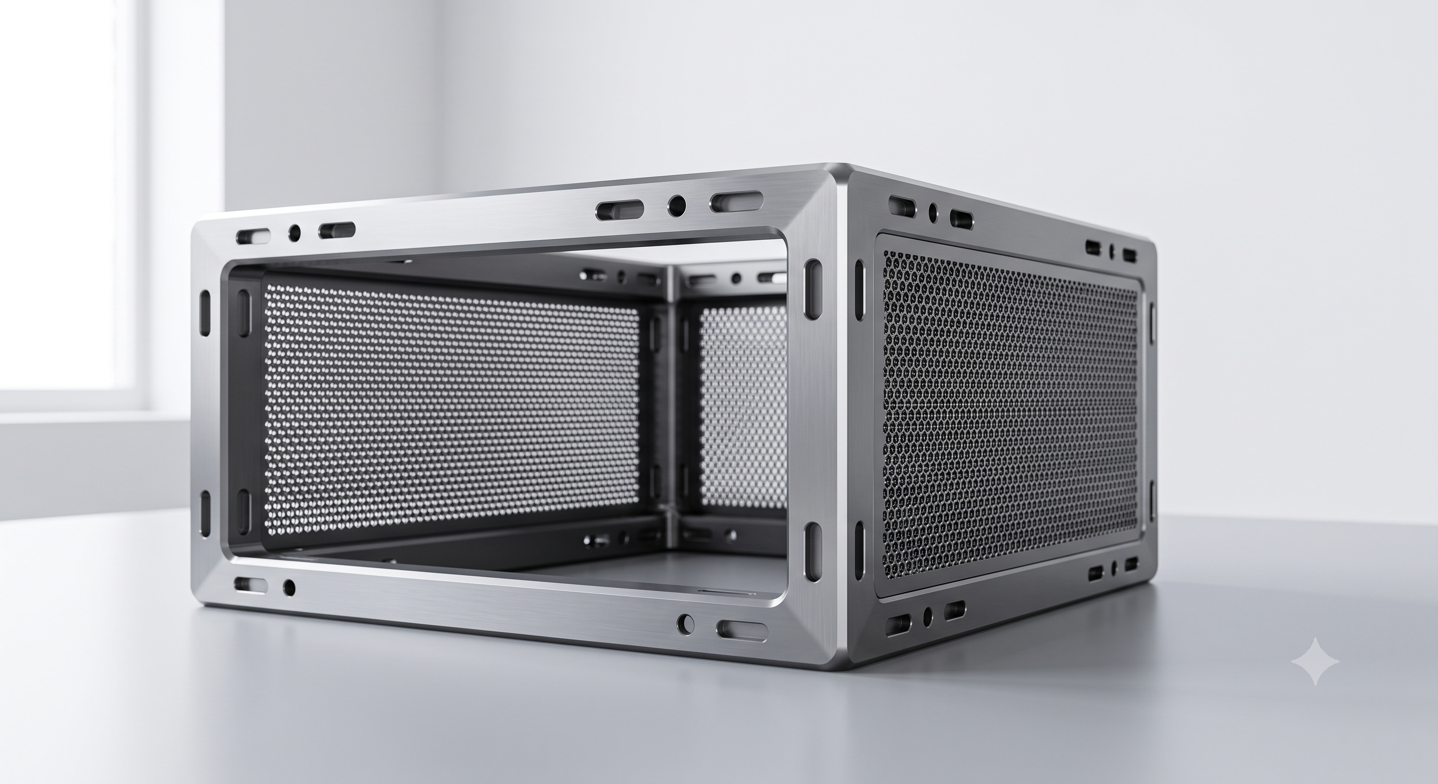 Brushed stainless enclosure frame with laser-cut obround slots, mounting holes and perforated vent panels, welded into one rigid box